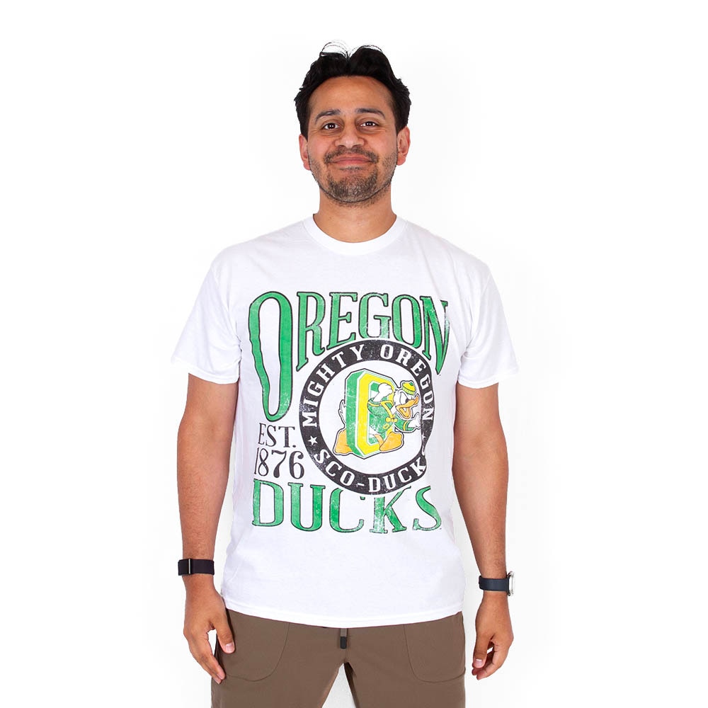 Mighty Oregon, Blue 84, White, Crew Neck, Cotton, Men, DTO, Sco-Ducks, T-Shirt, 935106